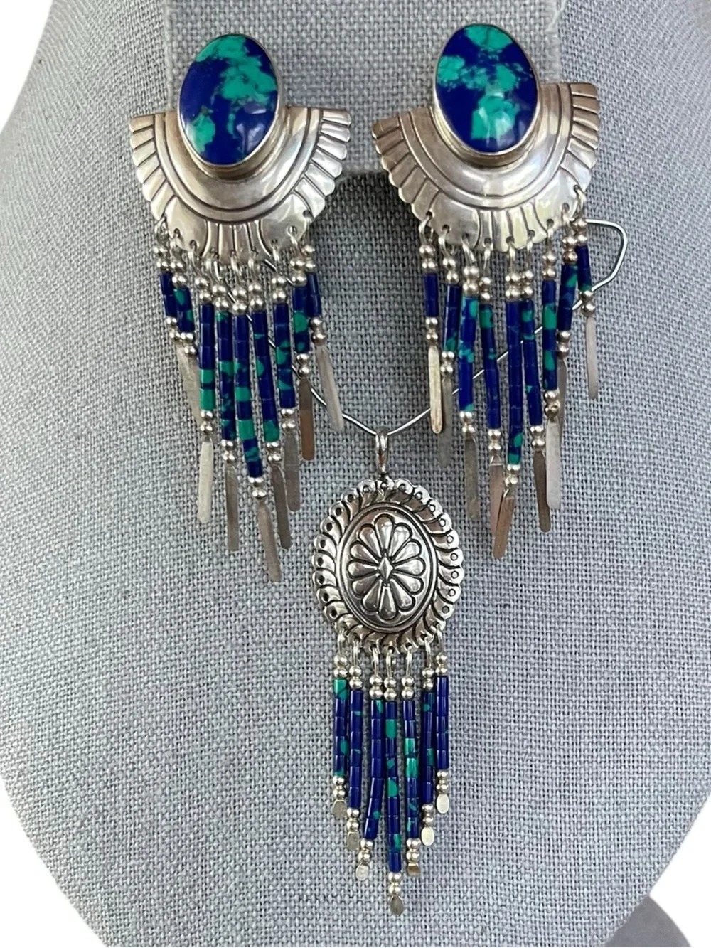 Azurmalachite Sterling Silver Earrings & Concho Pendant Set